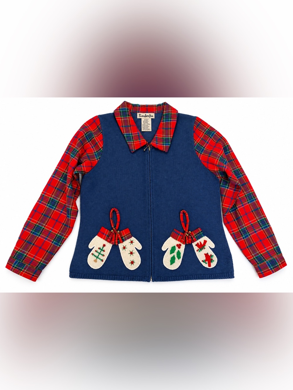 Vintage 90s Timberlea Christmas Cardigan Sweater M Plaid Mittens Jingle Bells